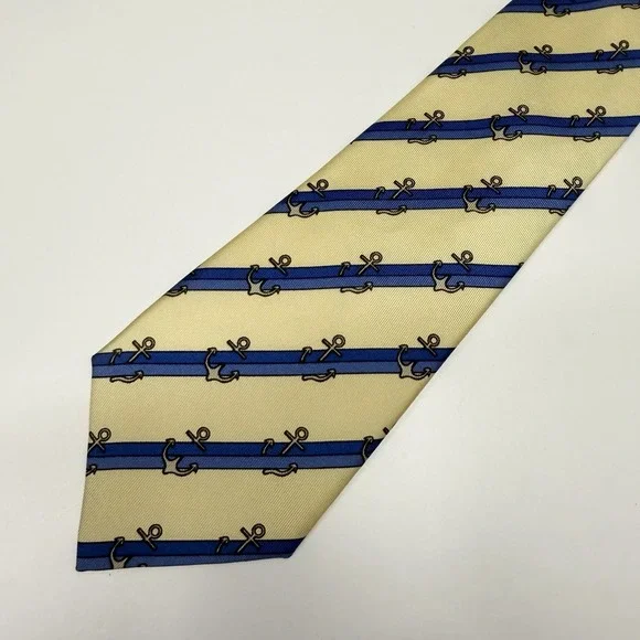 Hermes Men's Tie Nautical Striped Anchors Yellow/Blue Silk 944 IA 3.5 x 53 guc
